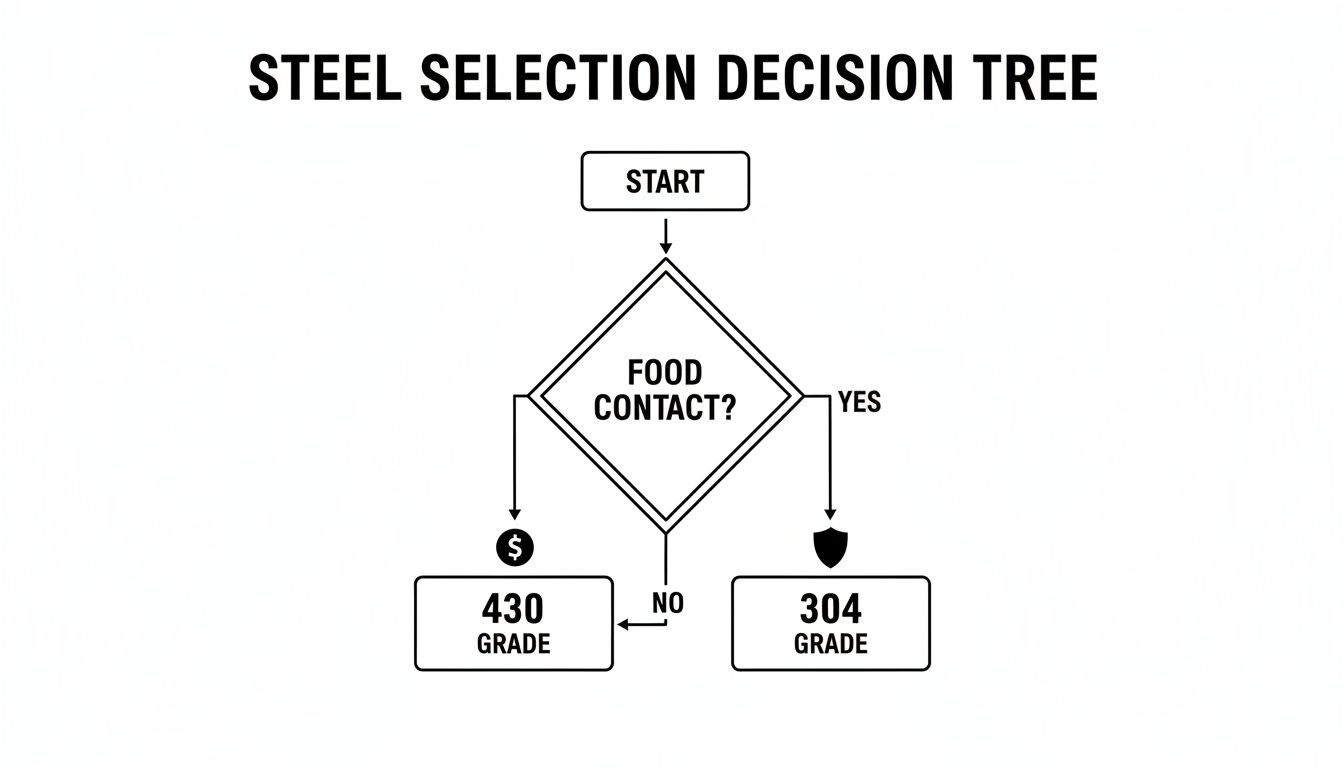Decision tree for selecting steel grade based on food contact: 430 (no food contact) or 304 (food contact).