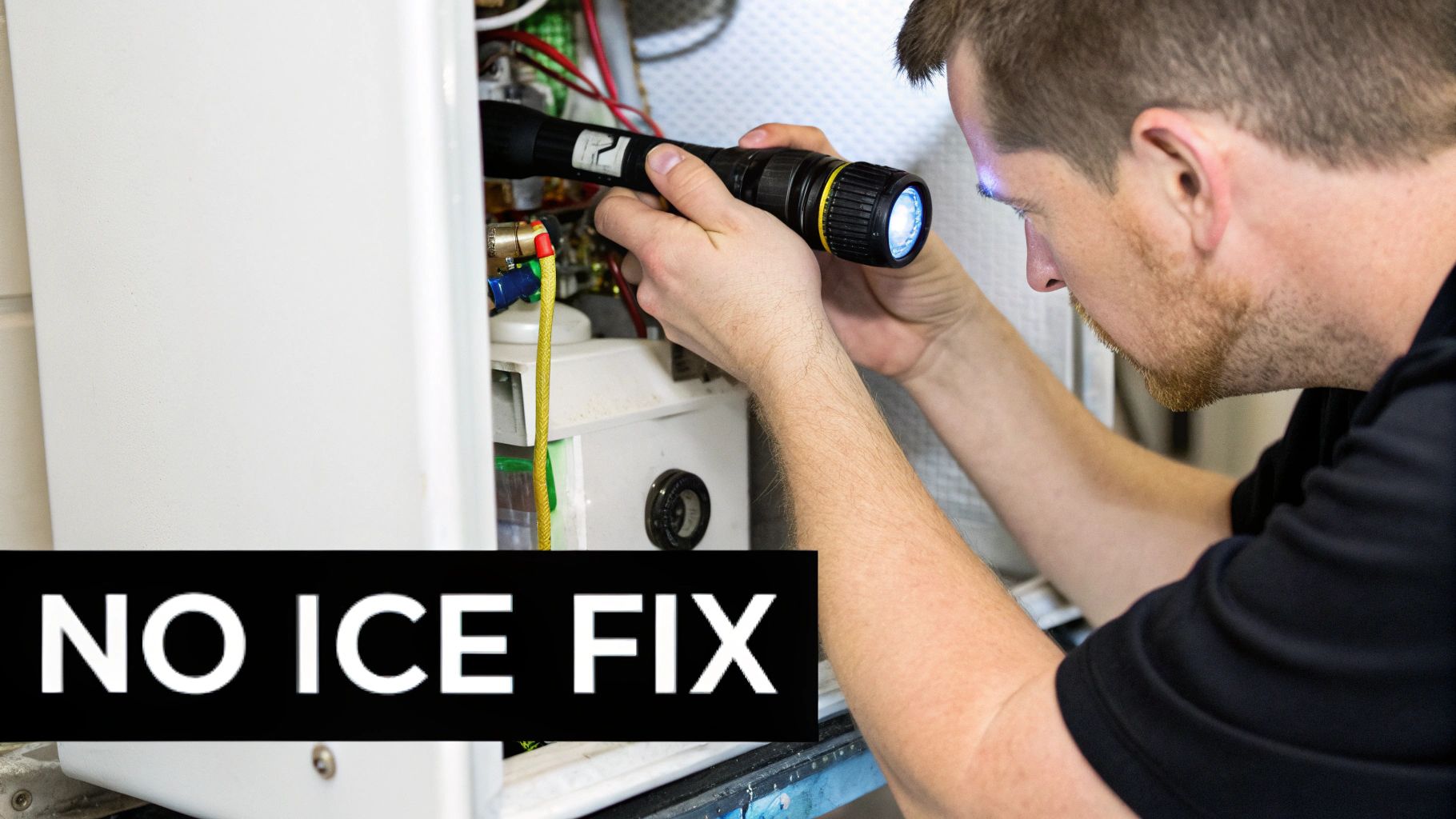 A man troubleshooting an ice machine with a flashlight, addressing a 'no ice' issue.