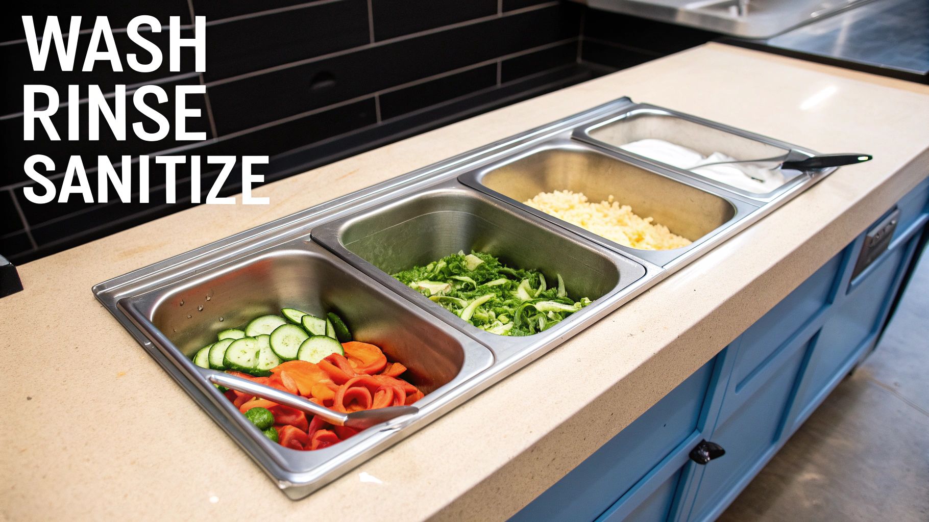 Three stainless steel bins on a commercial prep counter, filled with fresh vegetables and rice.