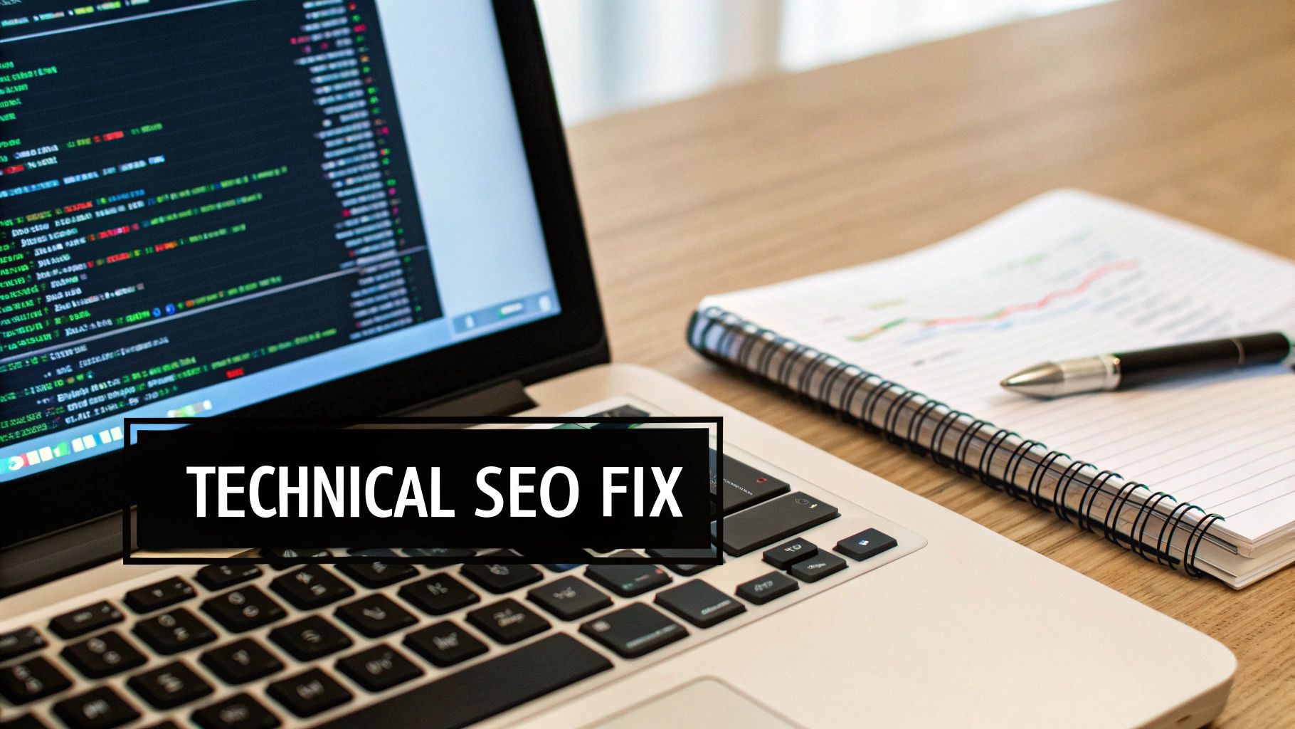 Laptop displaying code, notebook with charts and pen on a wooden desk, emphasizing technical SEO fix.