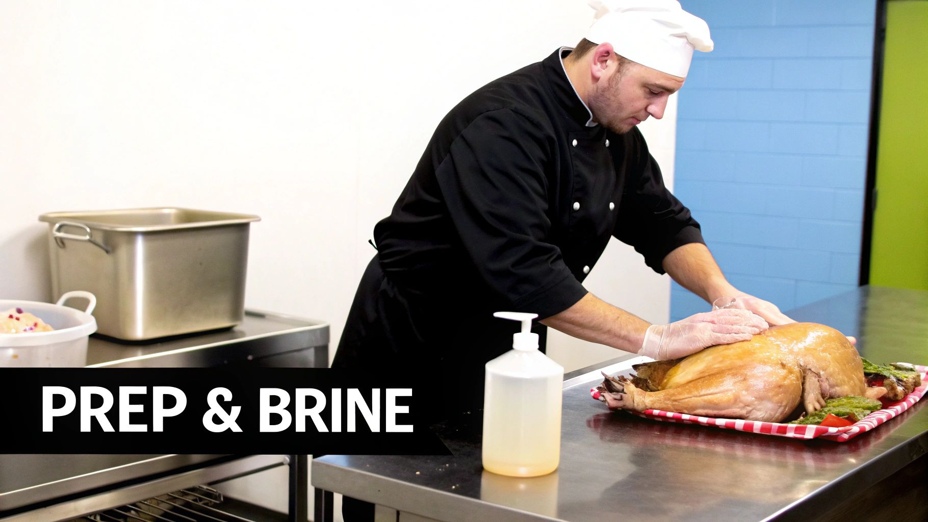 A chef in a white hat and gloves prepares a cooked turkey on a checkered tray for brining.