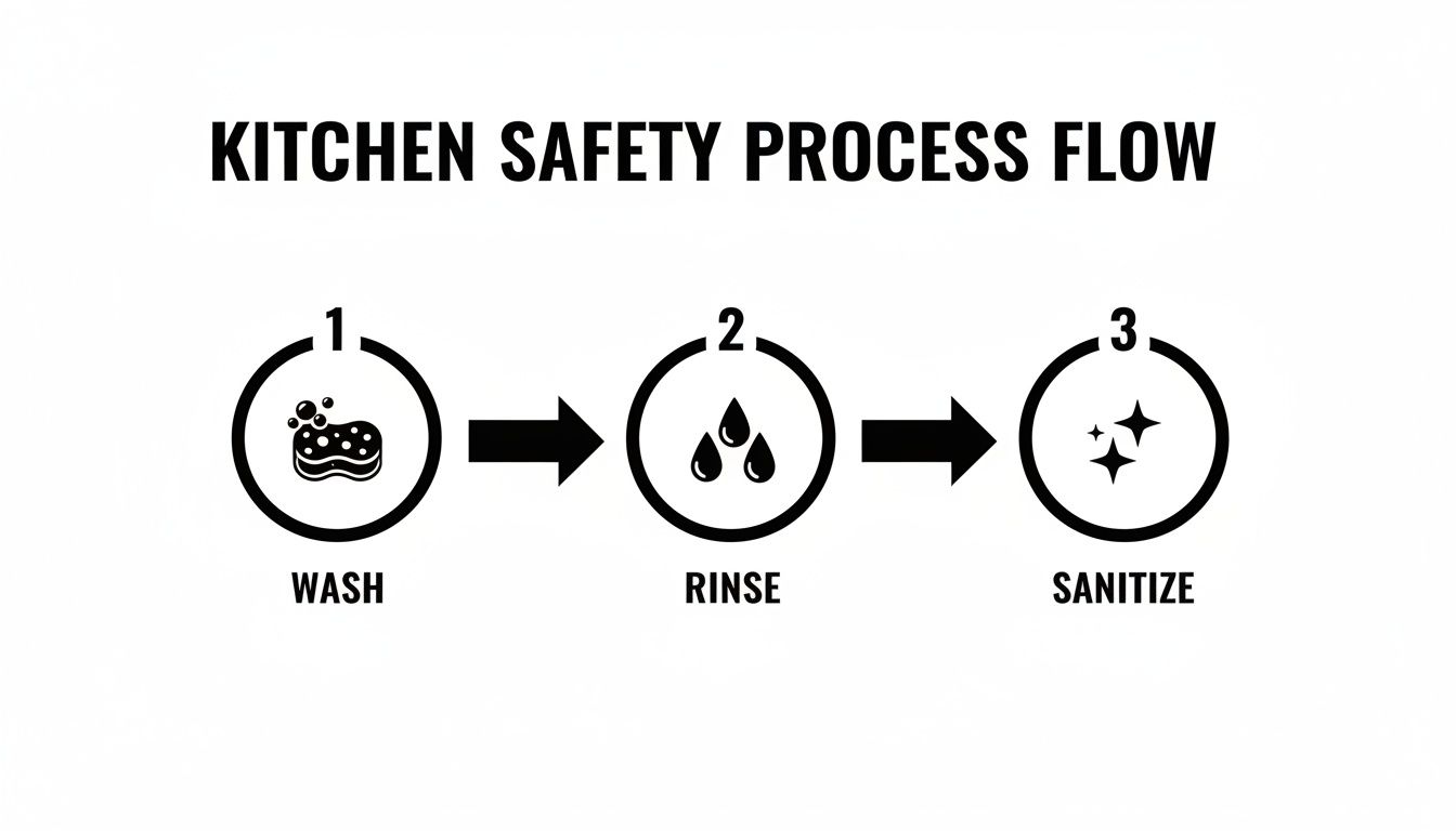 Flowchart showing a 3-step kitchen safety process: wash with sponge, rinse with water, and sanitize with sparkles.