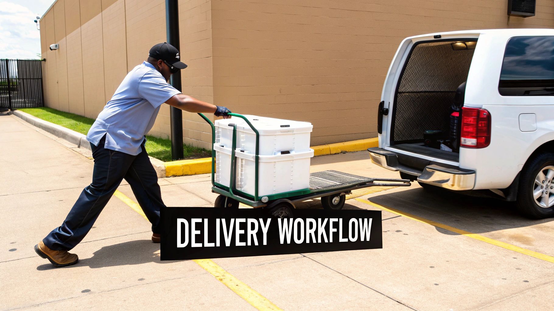 Man in uniform pushing a cart with insulated containers towards an open delivery van.