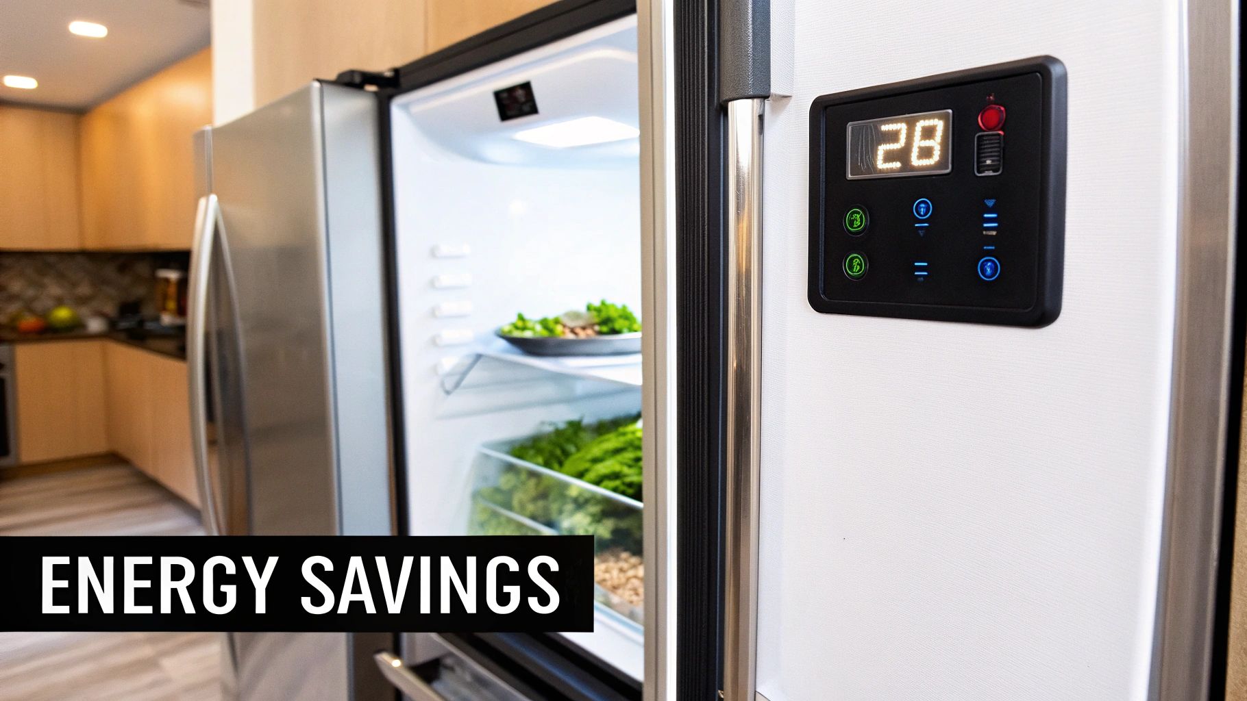 An open stainless steel refrigerator revealing food, with a digital control panel and text 'ENERGY SAVINGS'.