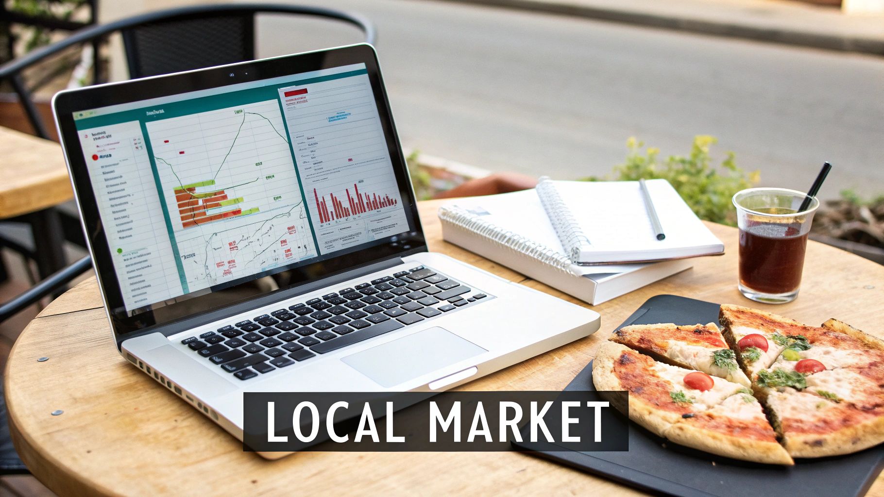 A laptop displaying market data and graphs, along with a sliced pizza and a drink on an outdoor wooden table.