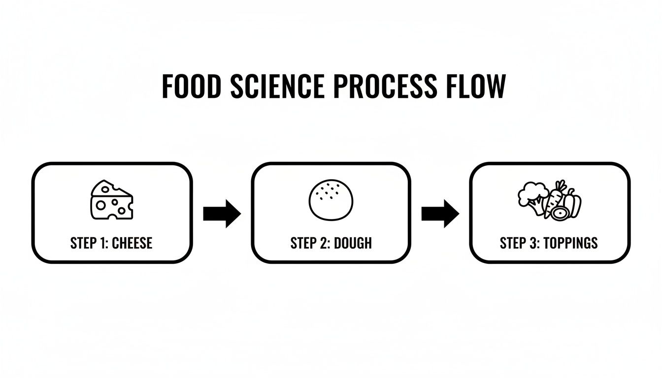 A food science process flow diagram showing three steps: cheese, dough, and toppings, with arrows.