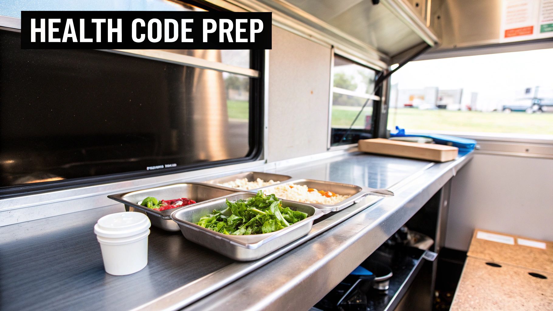 A chef preparing food on a clean, spacious stainless steel prep table inside a modern food truck.