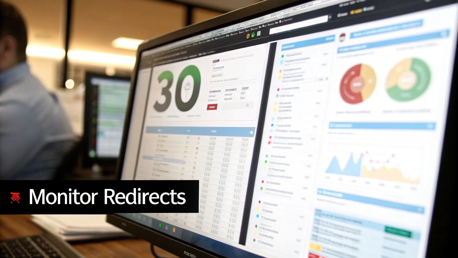 Computer monitors displaying website analytics dashboard with redirect monitoring data and performance metrics