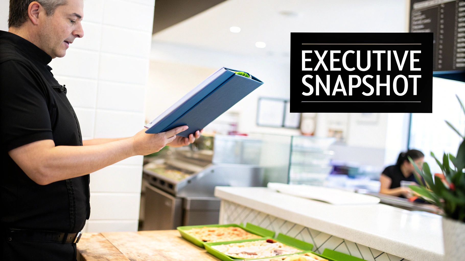A restaurant manager in a black shirt reviews a blue binder with food on the counter.