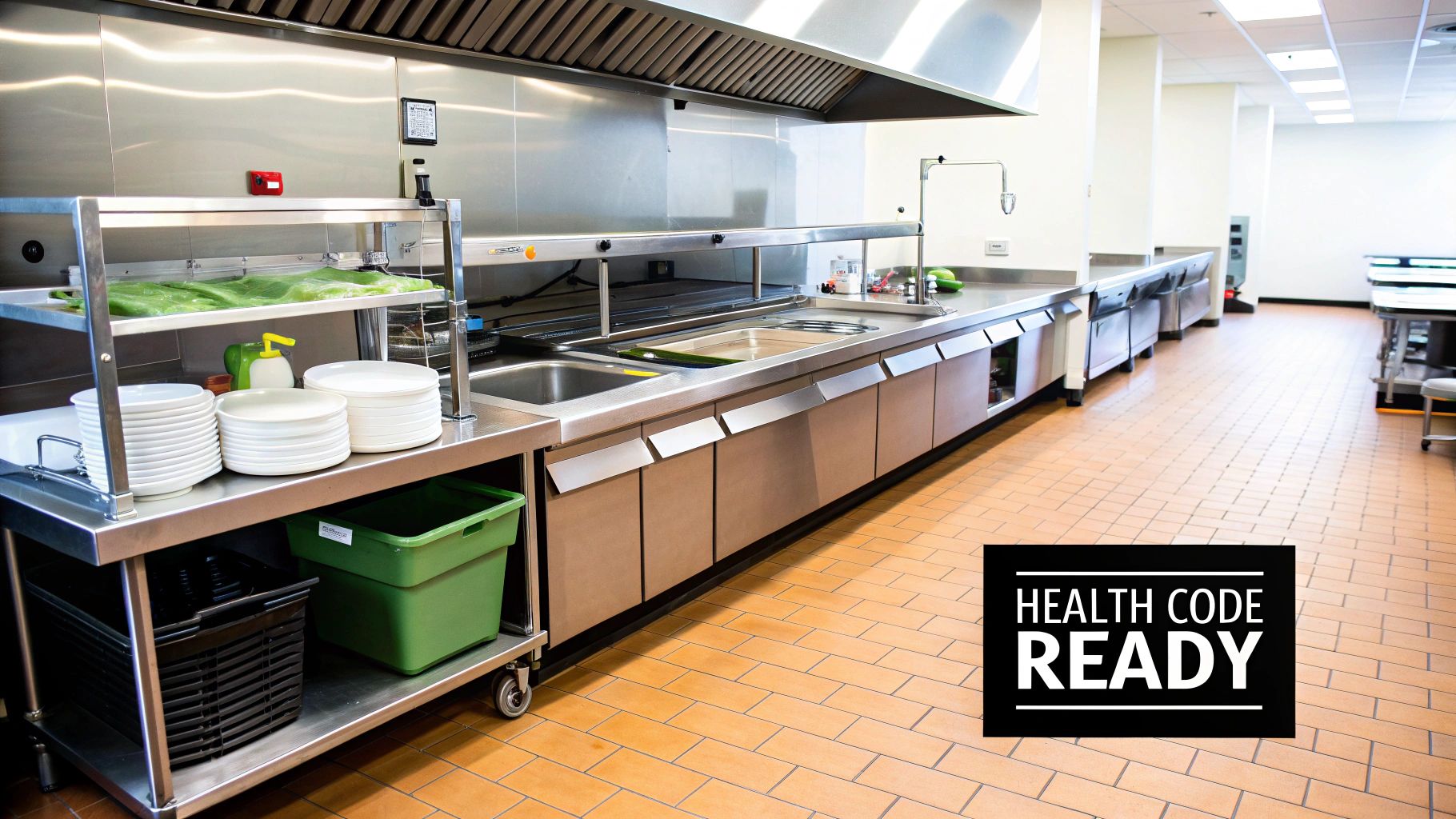 A clean, modern commercial kitchen with stainless steel counters, multiple sinks, and organized shelving, highlighting readiness.