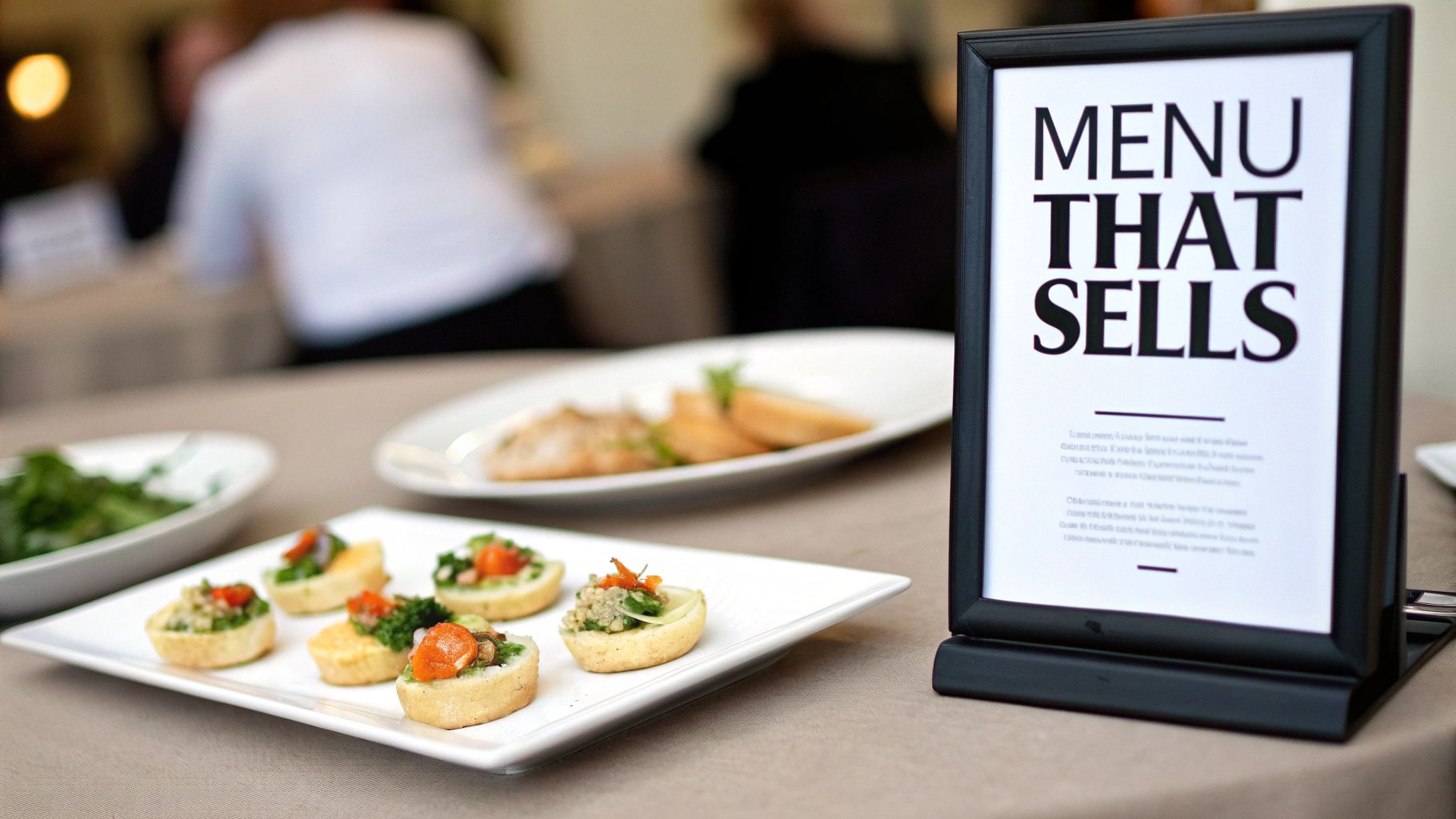 A 'MENU THAT SELLS' sign next to elegant appetizers and blurred food at a catering event.