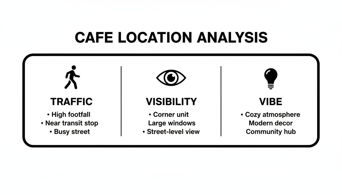 An infographic titled 'Cafe Location Analysis' outlining factors like traffic, visibility, and vibe for a new cafe.