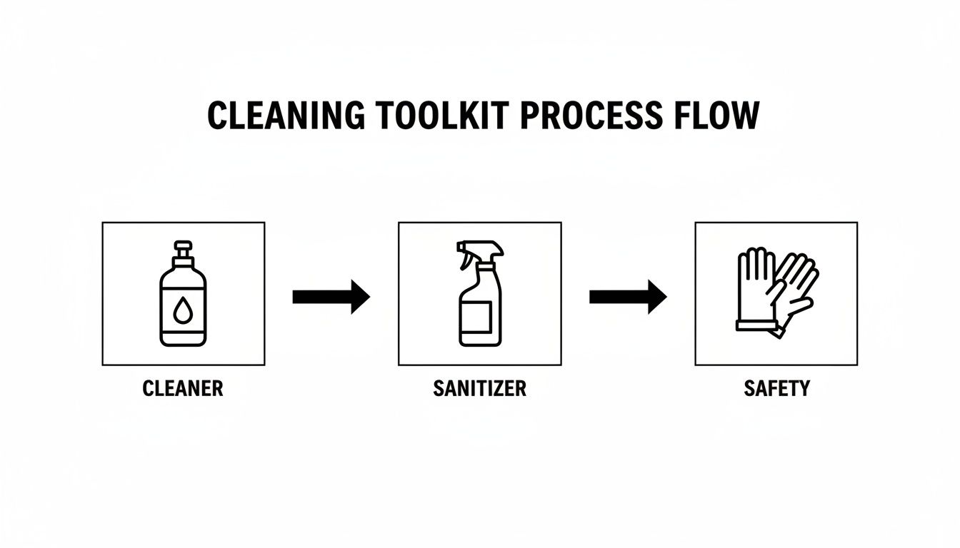 A process flow diagram illustrating cleaning steps with icons for cleaner, sanitizer, and safety gloves.