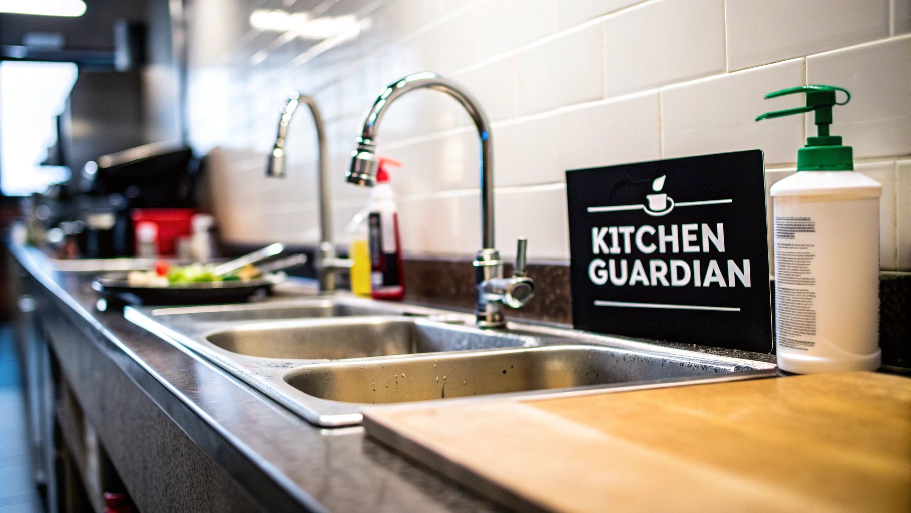 A clean commercial kitchen sink area with two faucets, soap, and a 'Kitchen Guardian' sign.