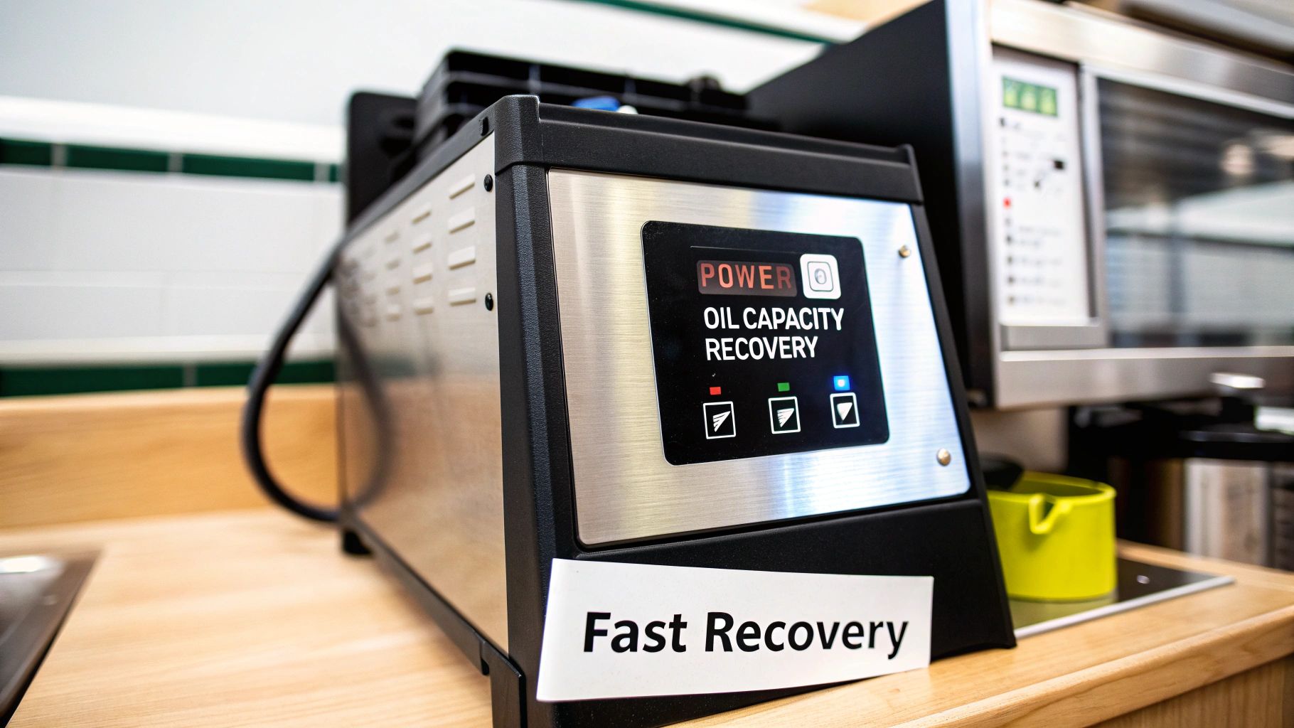 A commercial oil recovery unit with 'Fast Recovery' label on a kitchen countertop.