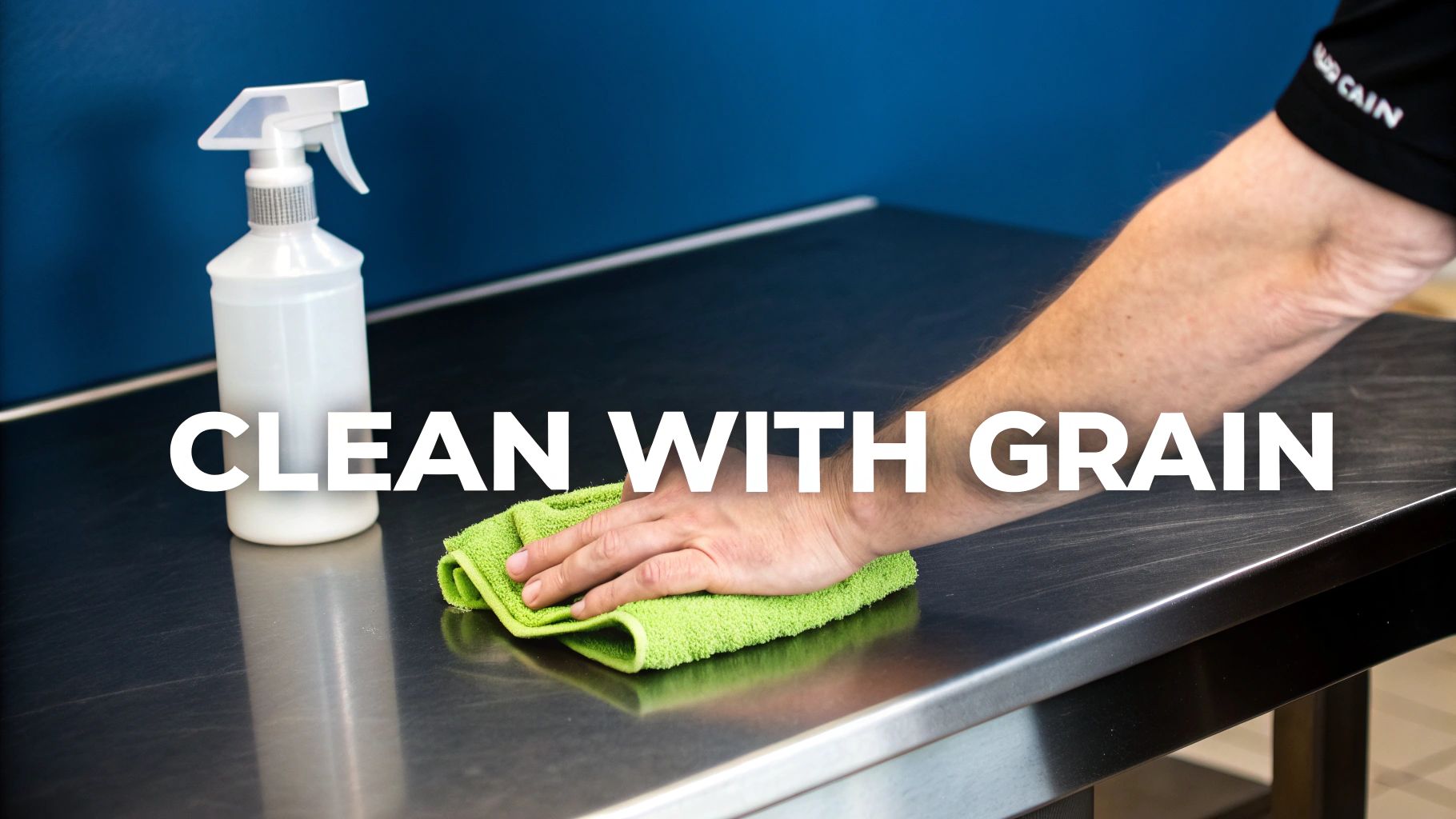 A person's hand cleans a stainless steel table with a green microfiber cloth; a spray bottle is visible.