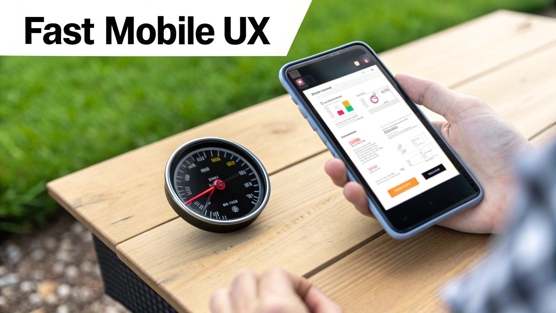 Person holding smartphone displaying website dashboard with speedometer gauge showing fast mobile user experience performance