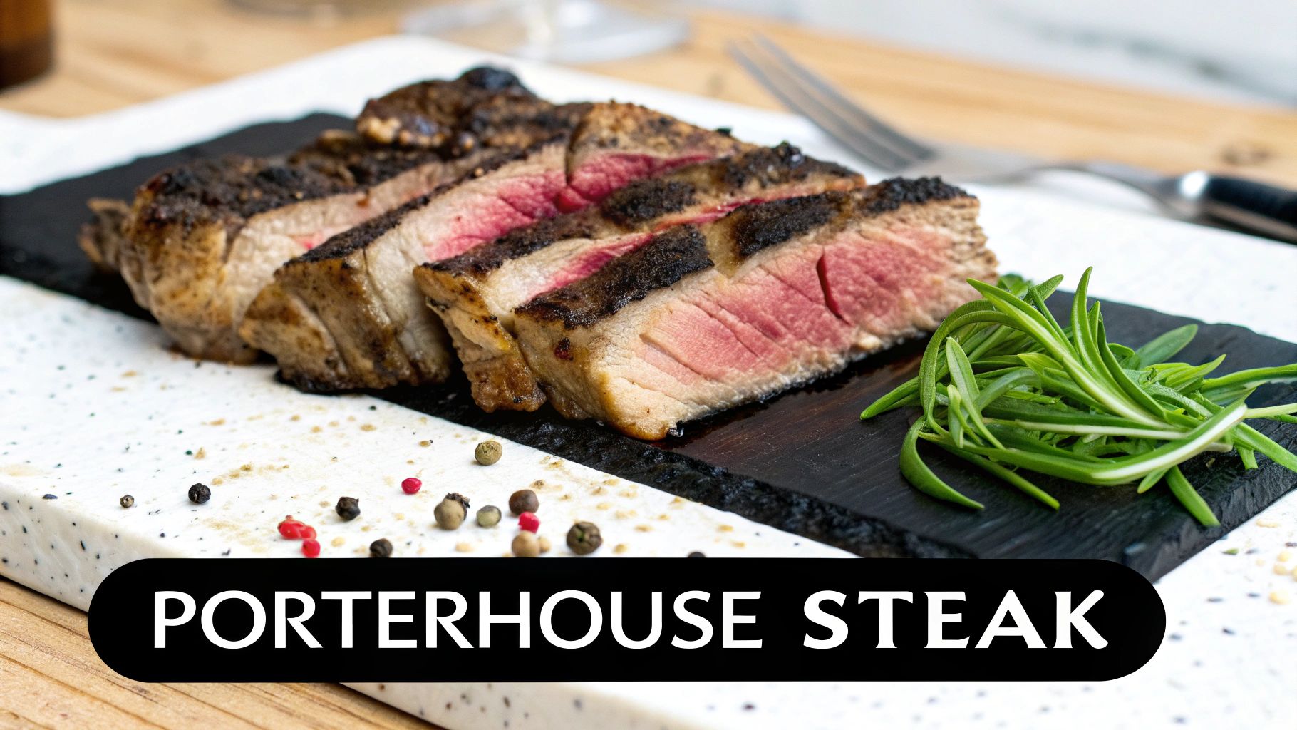 A perfectly cooked porterhouse steak, sliced and served with fresh rosemary and colorful peppercorns on a cutting board.
