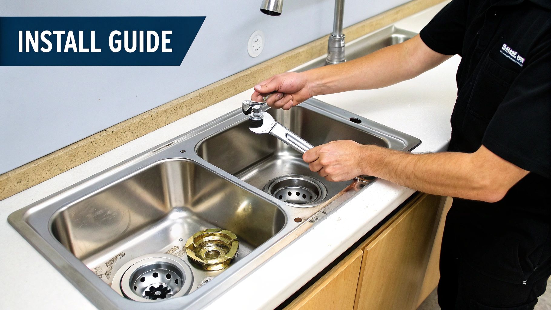 Person installing a drain in a stainless steel kitchen sink using a wrench, 'INSTALL GUIDE' banner visible.