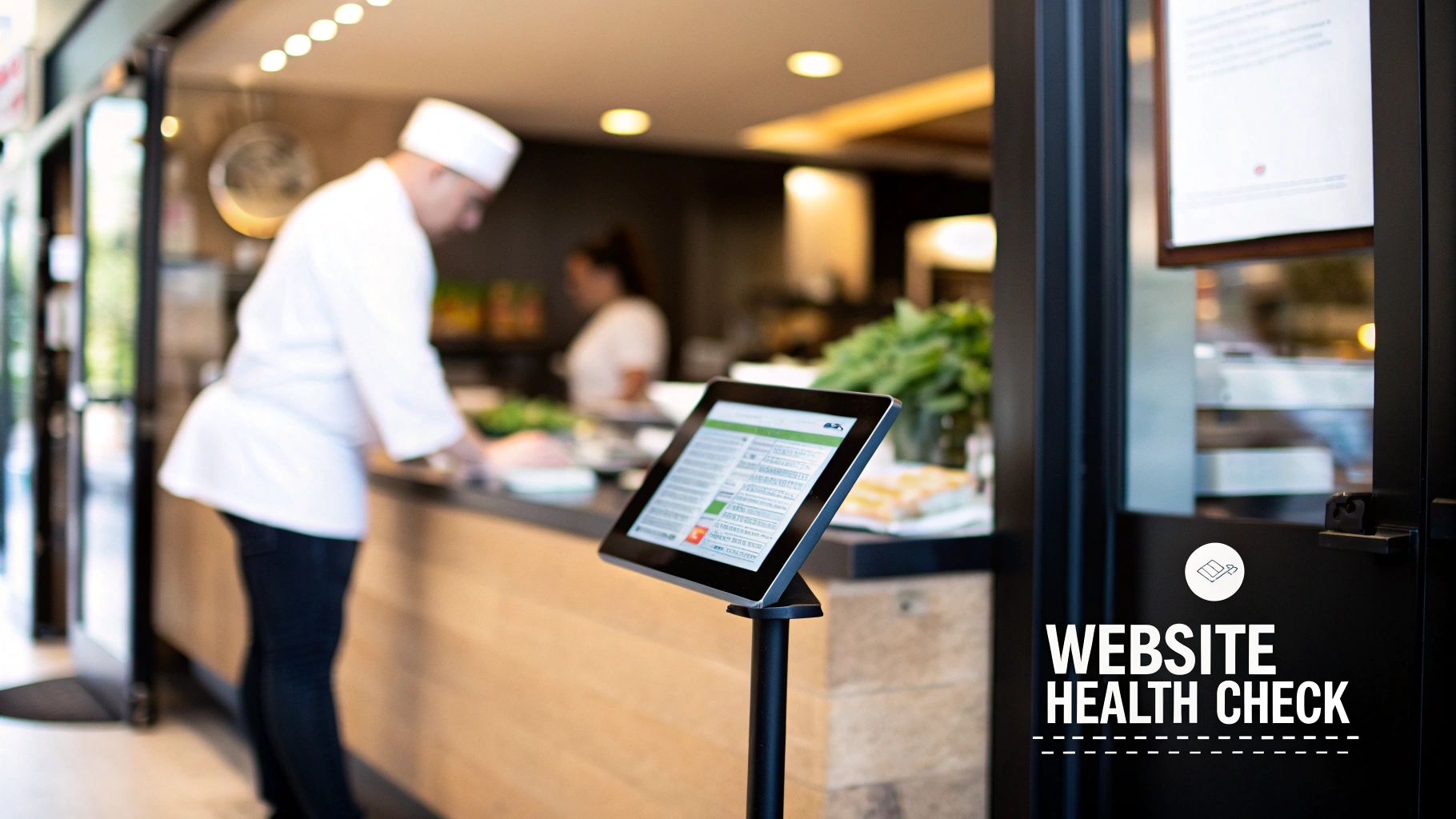 A modern restaurant interior features a chef, a digital tablet, and a prominent 'Website Health Check' sign.