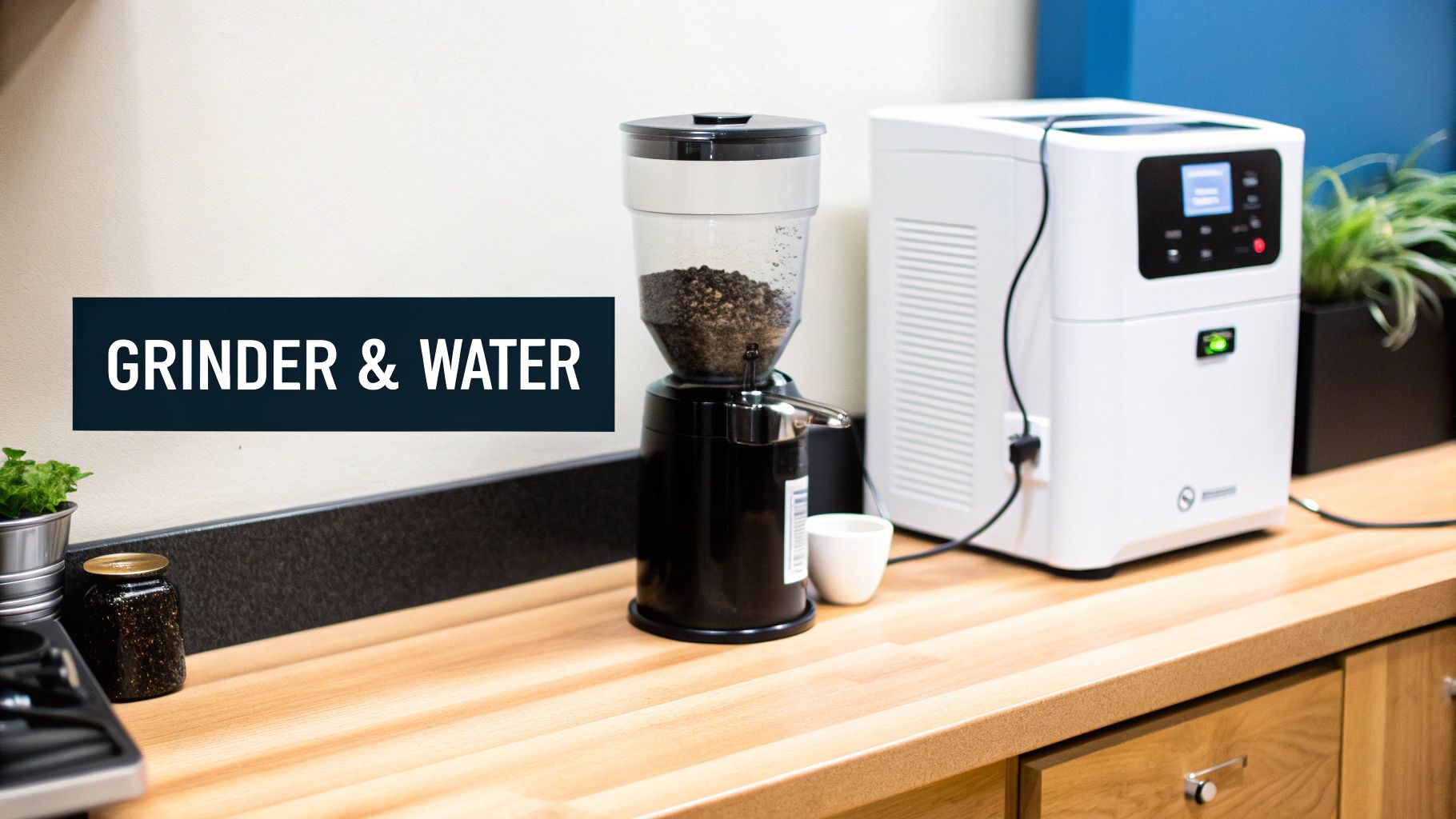 A high-end commercial coffee grinder sits next to an espresso machine, highlighting the essential pairing.
