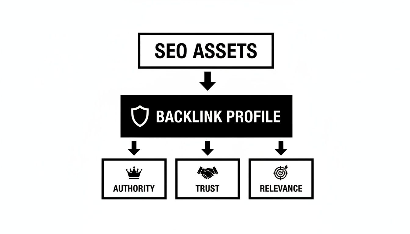 Flowchart illustrating SEO assets leading to a strong backlink profile, building authority, trust, and relevance.