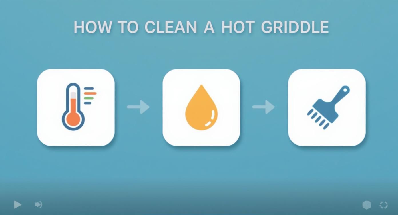 A graphic showing three steps to clean a hot griddle: heat, liquid, and brush.