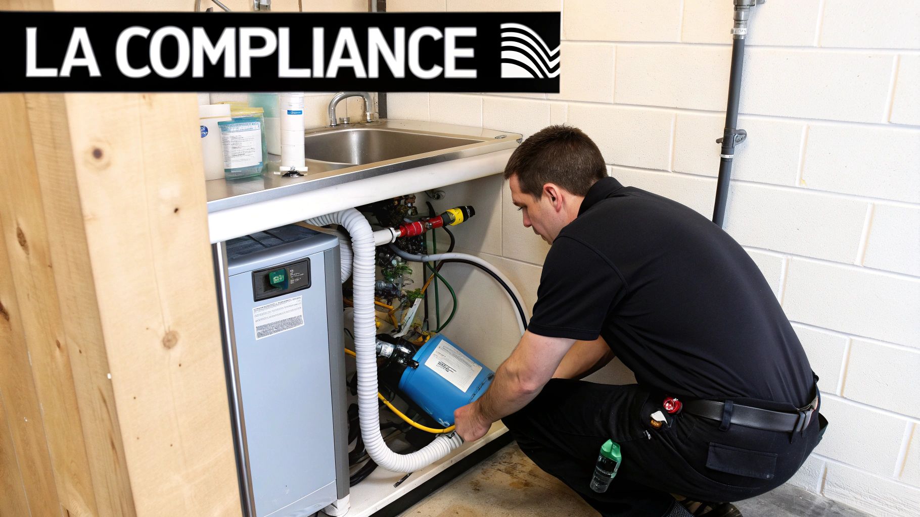 A male technician wearing a black polo shirt working on a water filtration system under a sink.