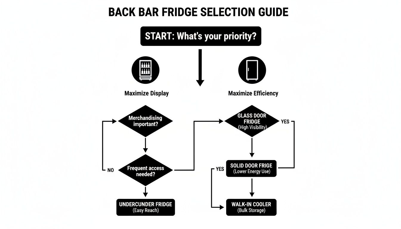 Flowchart guiding back bar fridge selection based on display, efficiency, and access needs.