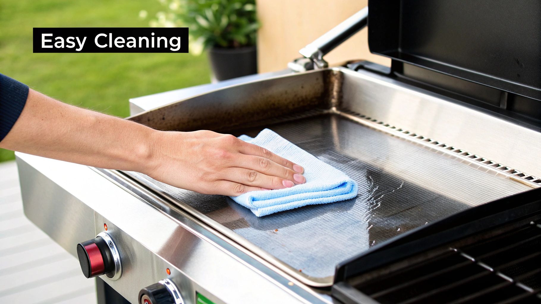 A chef expertly seasoning a large, steel thermostatic gas griddle, preparing it for service.