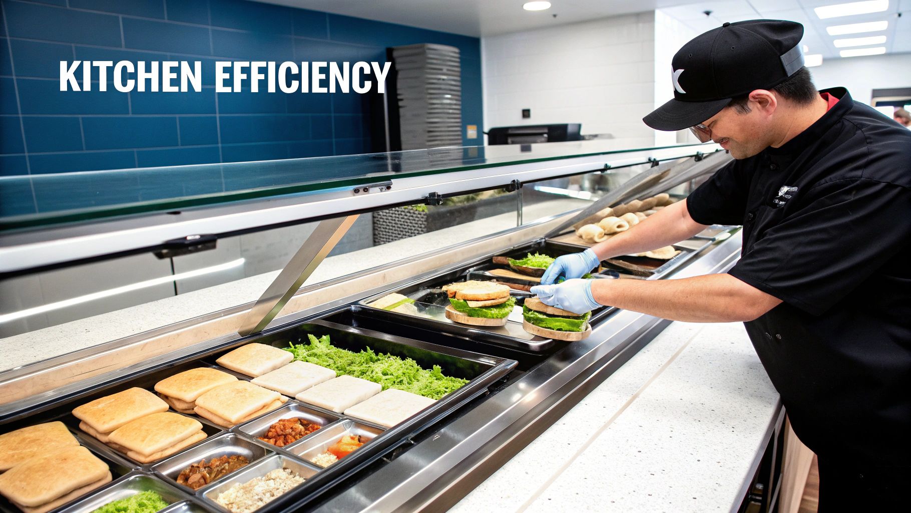 A chef in blue gloves prepares fresh sandwiches on a clean food service line in a modern kitchen.