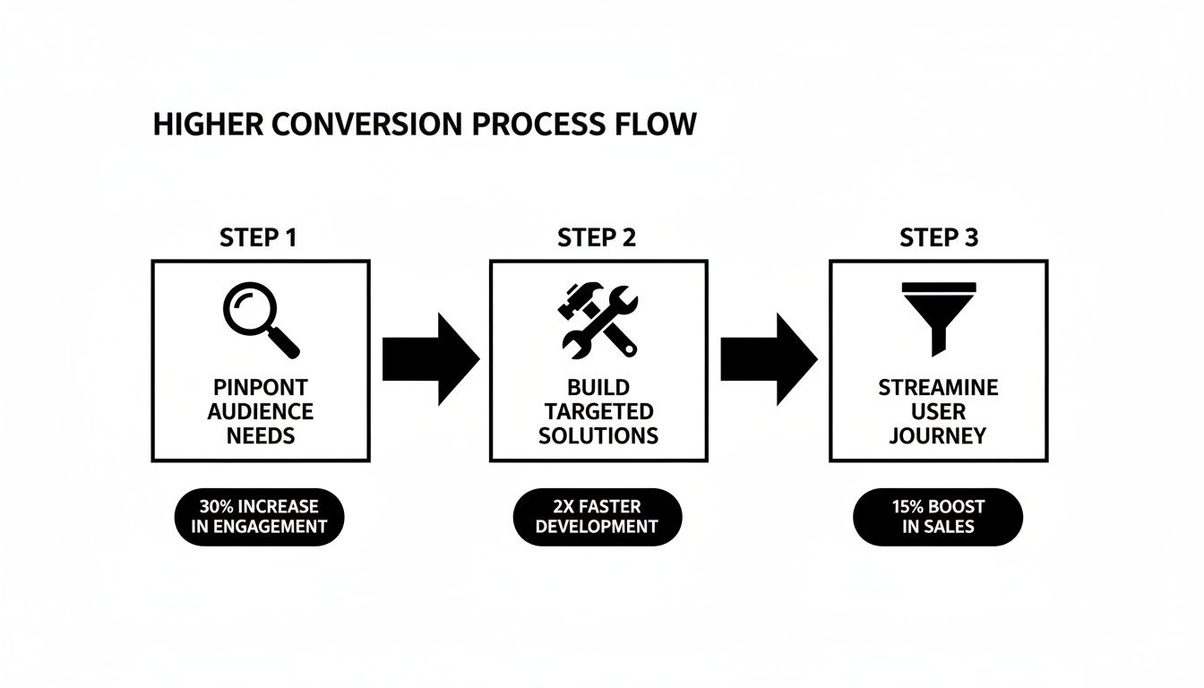 A three-step diagram illustrating a higher conversion process flow for increased engagement, faster development, and boosted sales.