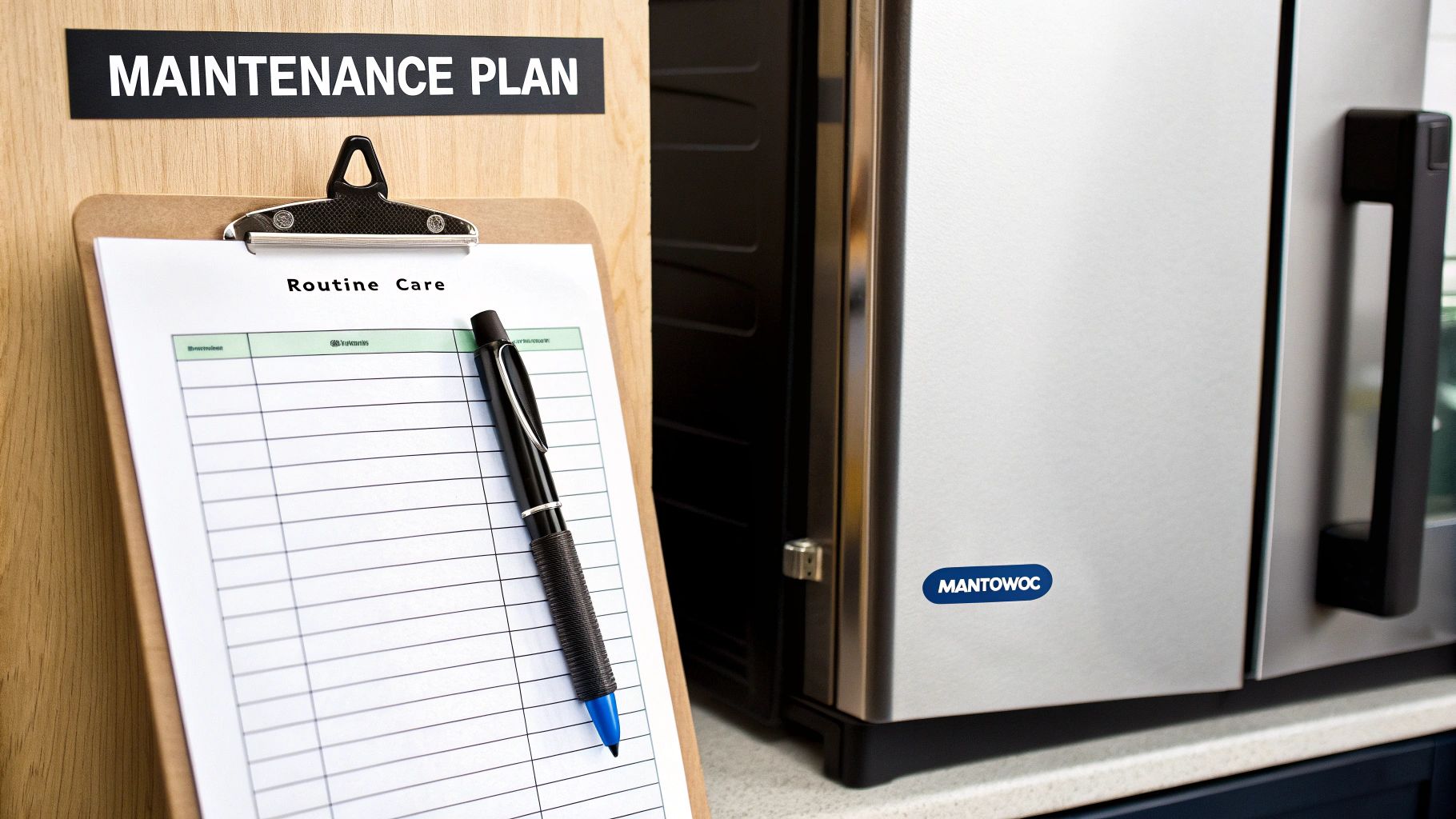A maintenance plan sign with a routine care checklist and pen on a clipboard next to a Manitowoc appliance.