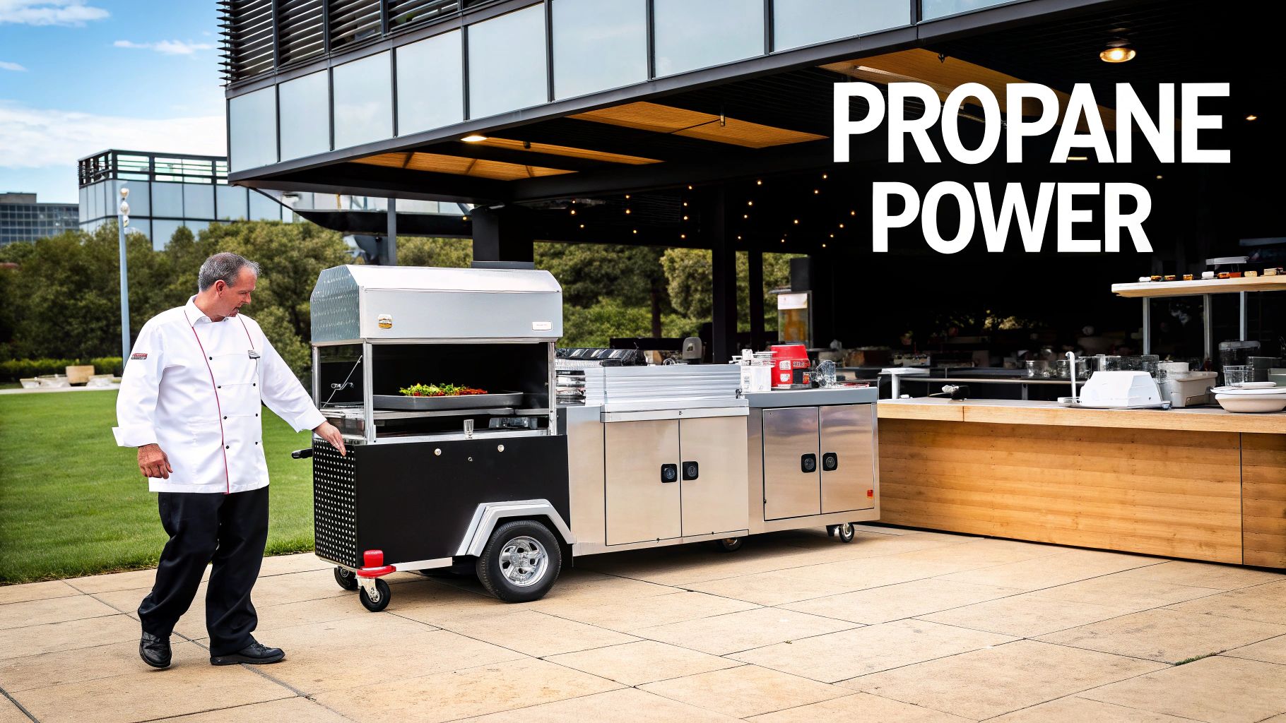 A chef stands next to a mobile propane-powered grill and food preparation station outdoors.