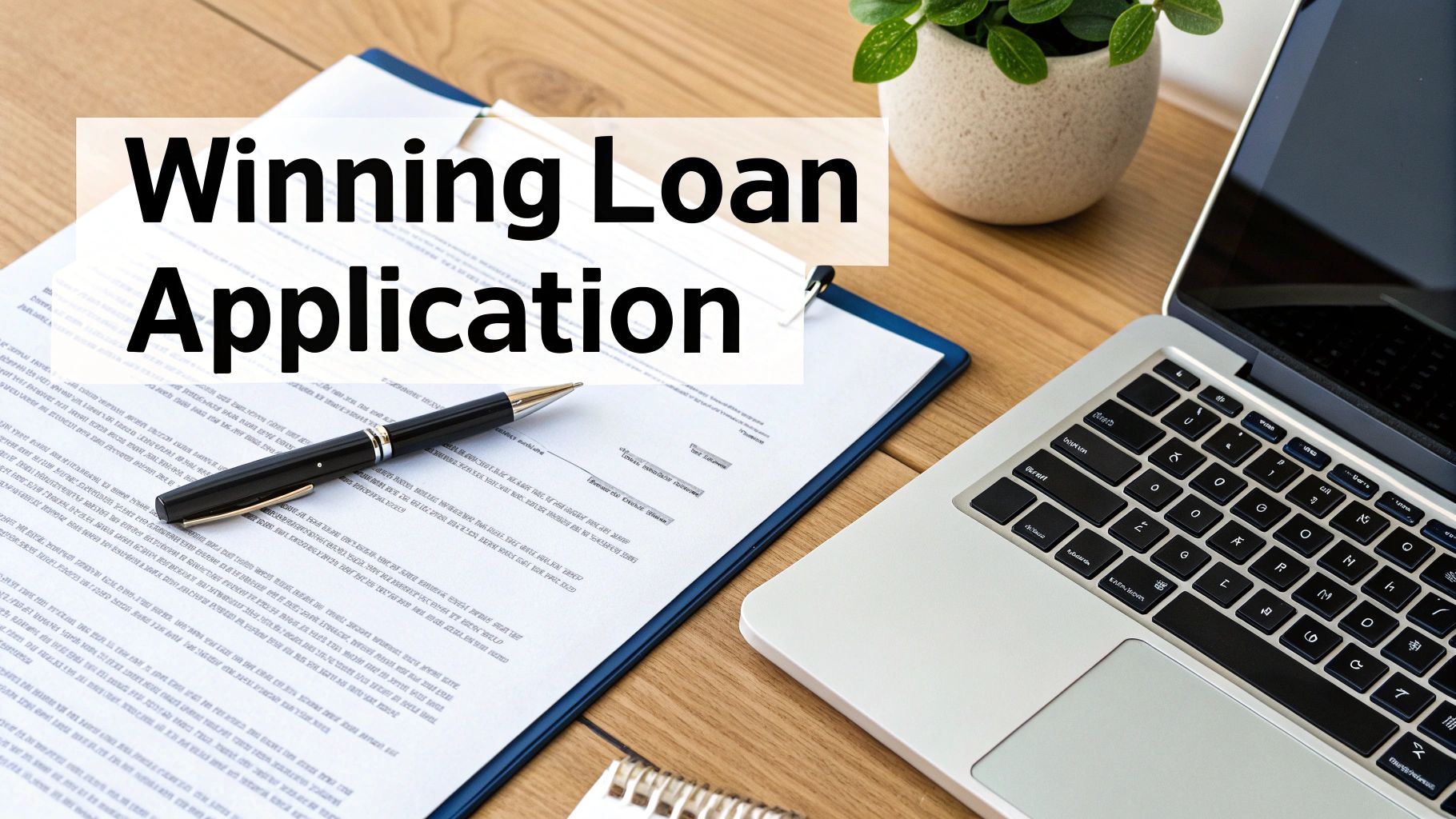A document titled 'Winning Loan Application' on a clipboard with a pen, next to a laptop and a plant.