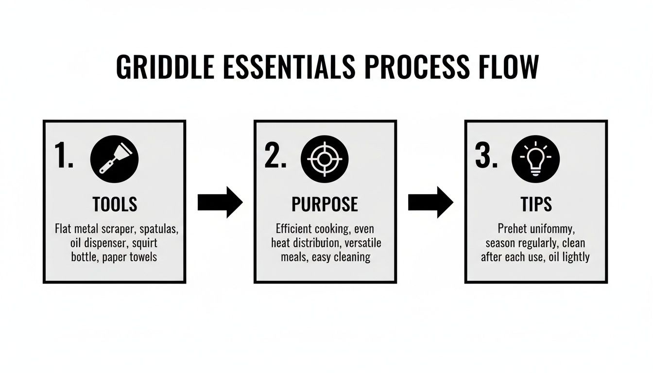 A process flow diagram detailing griddle essentials, including tools, purpose, and usage tips.