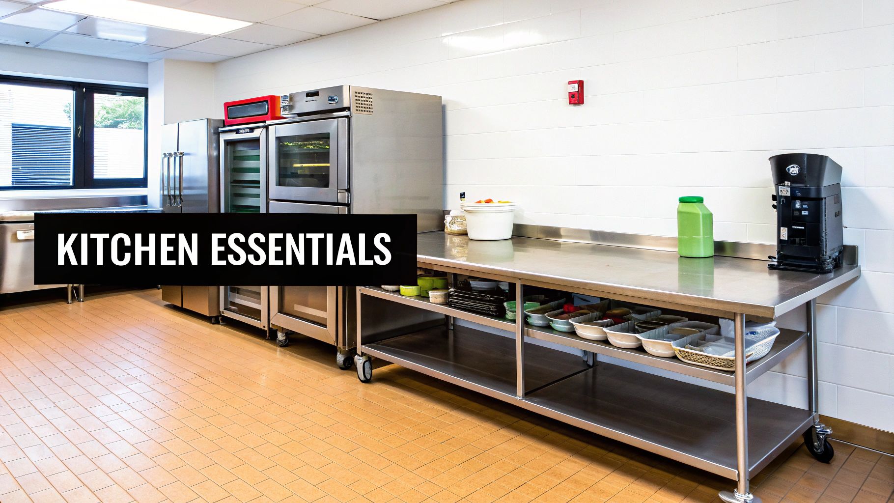 A clean commercial kitchen featuring stainless steel appliances, a long work table, and various food containers.
