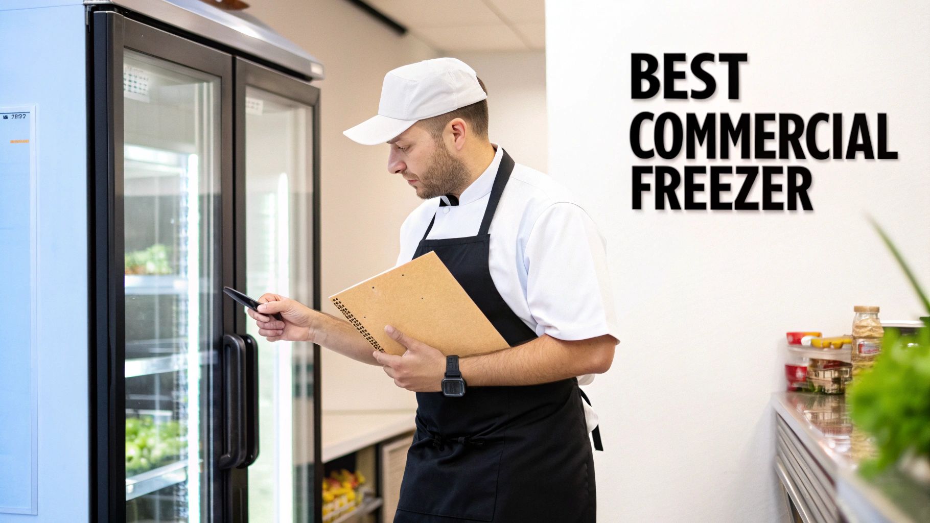 A chef in a white uniform and black apron inspects a commercial freezer with glass doors, holding a clipboard in a clean kitchen.