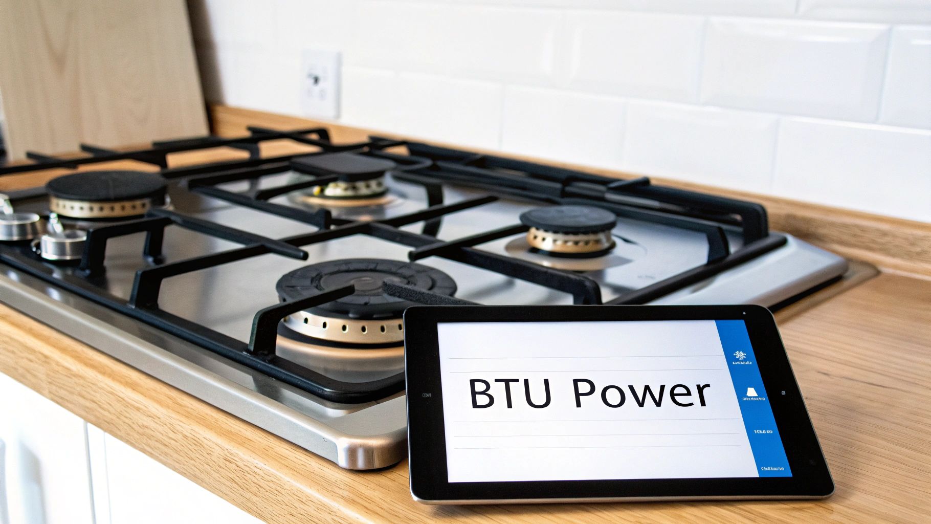 A modern stainless steel gas stove with a tablet displaying 'BTU Power' on a wooden counter.
