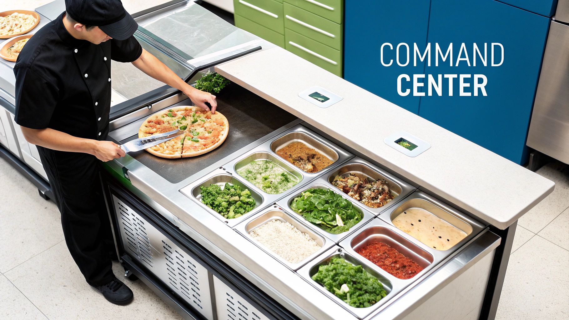 A chef preparing a pizza on a stainless steel restaurant prep table filled with fresh ingredients.