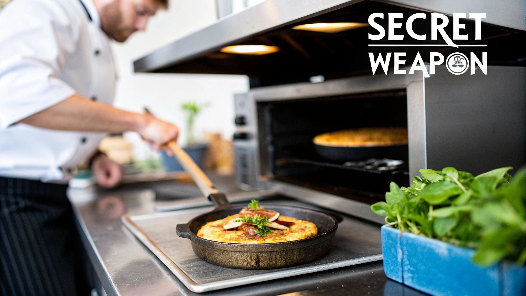 A stainless steel salamander broiler mounted on a wall in a commercial kitchen, ready for use.