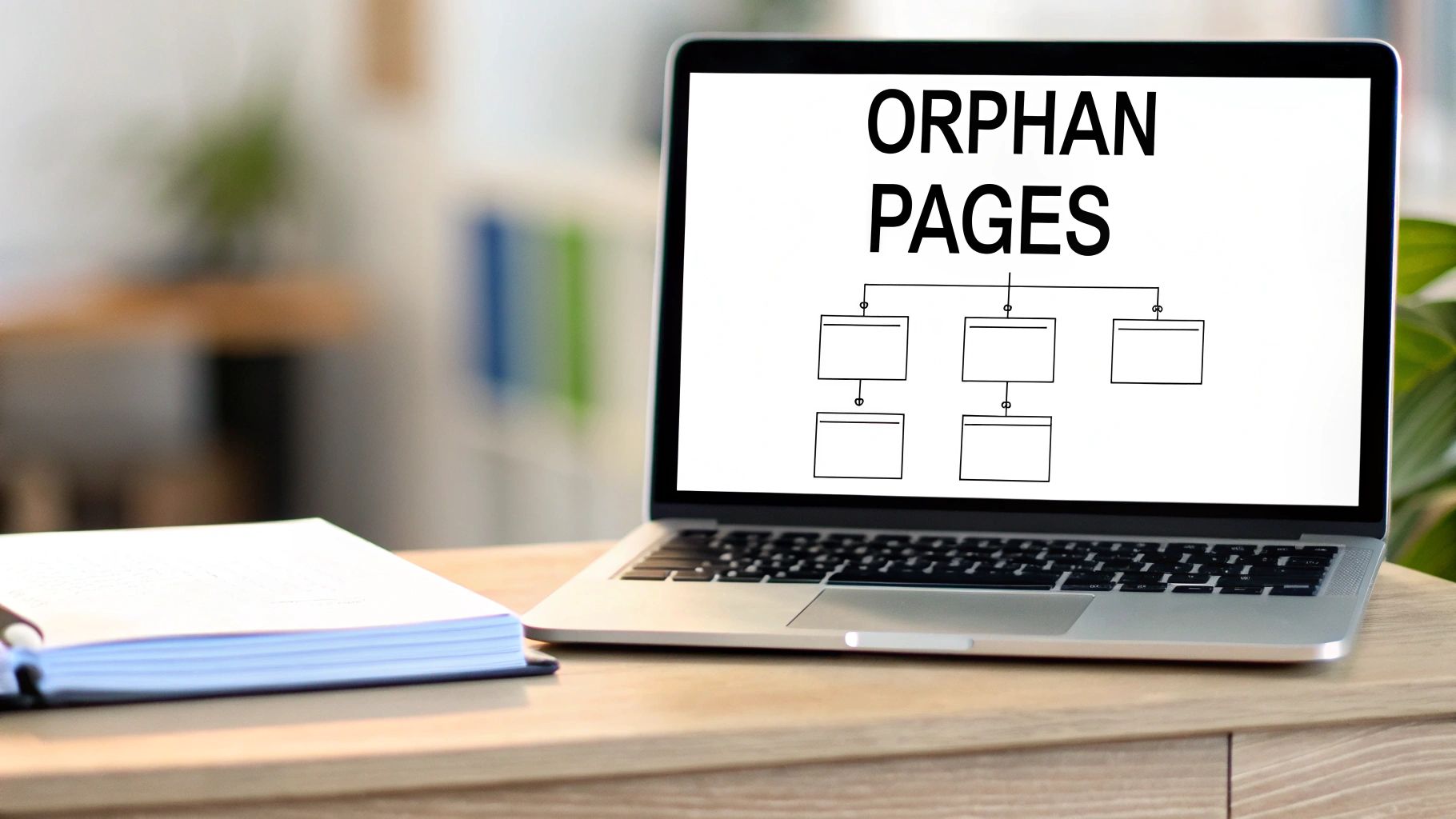 A laptop displaying a diagram titled 'ORPHAN PAGES' sits on a wooden desk with an open notebook.