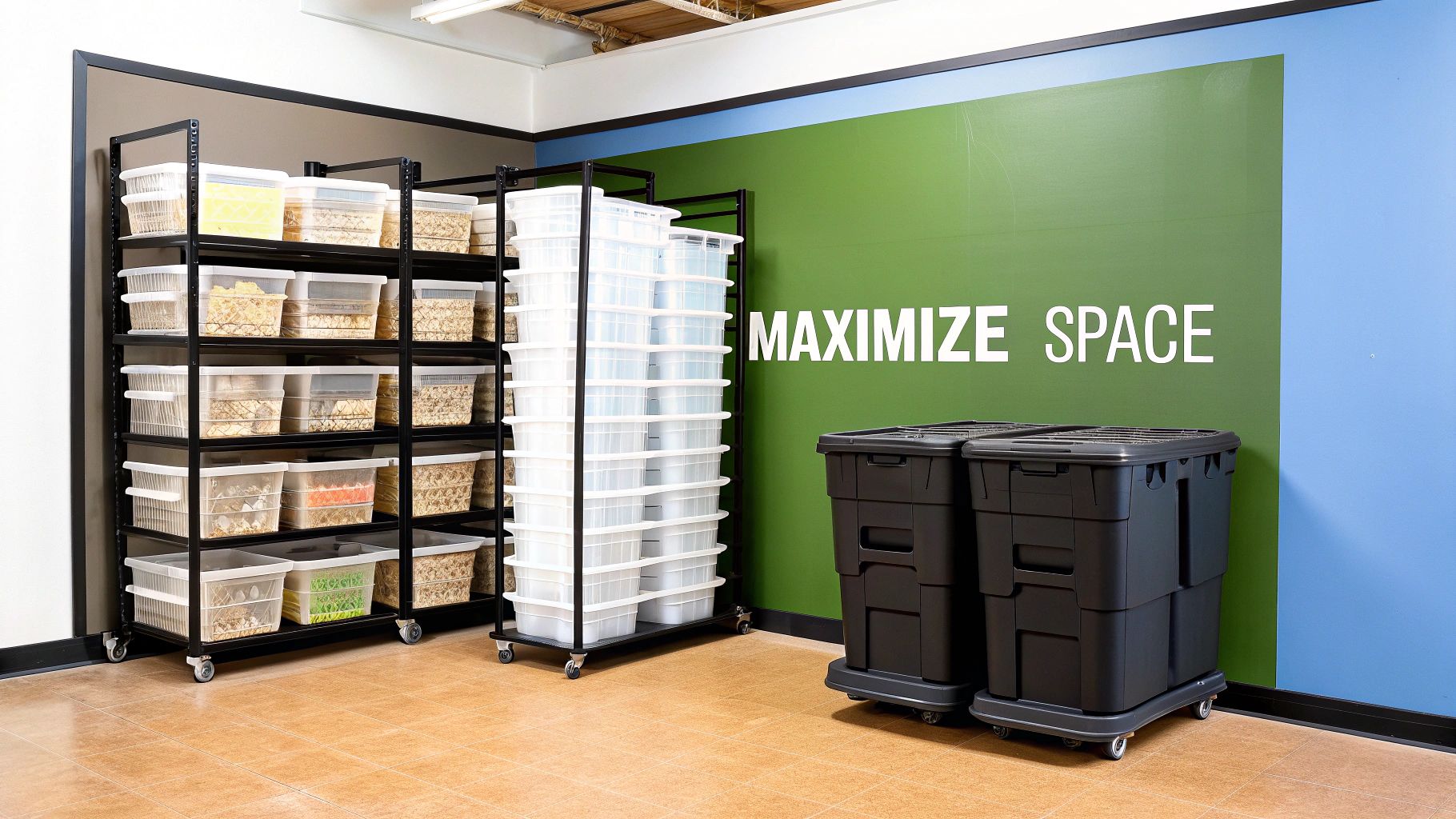 A well-organized storage room with shelves of clear bins and large black wheeled containers, emphasizing space efficiency.