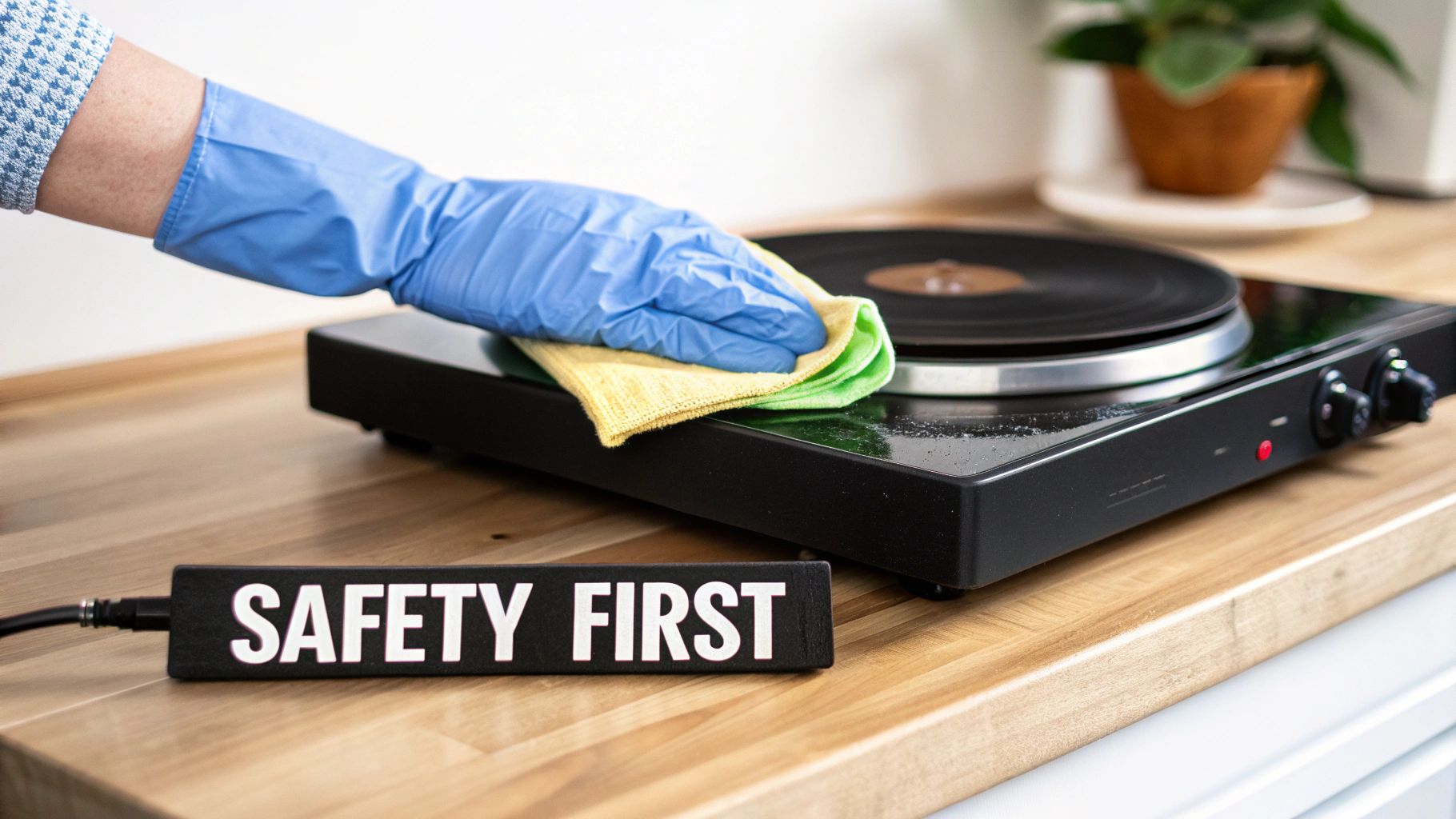A gloved hand cleans a hot plate on a wooden counter next to a 'SAFETY FIRST' sign.