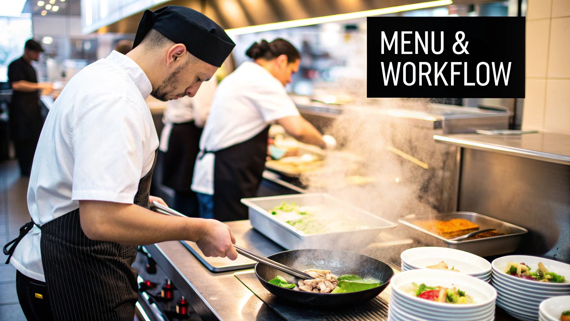 A chef cooking burgers and vegetables on a large commercial griddle in a busy kitchen.