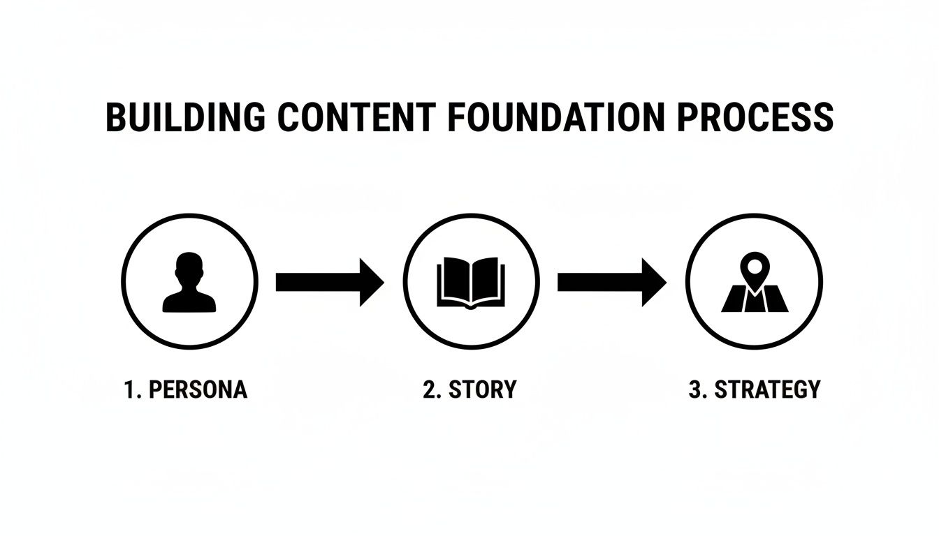 Flowchart illustrating the content foundation process, from Persona to Story to Strategy, with clear icons.