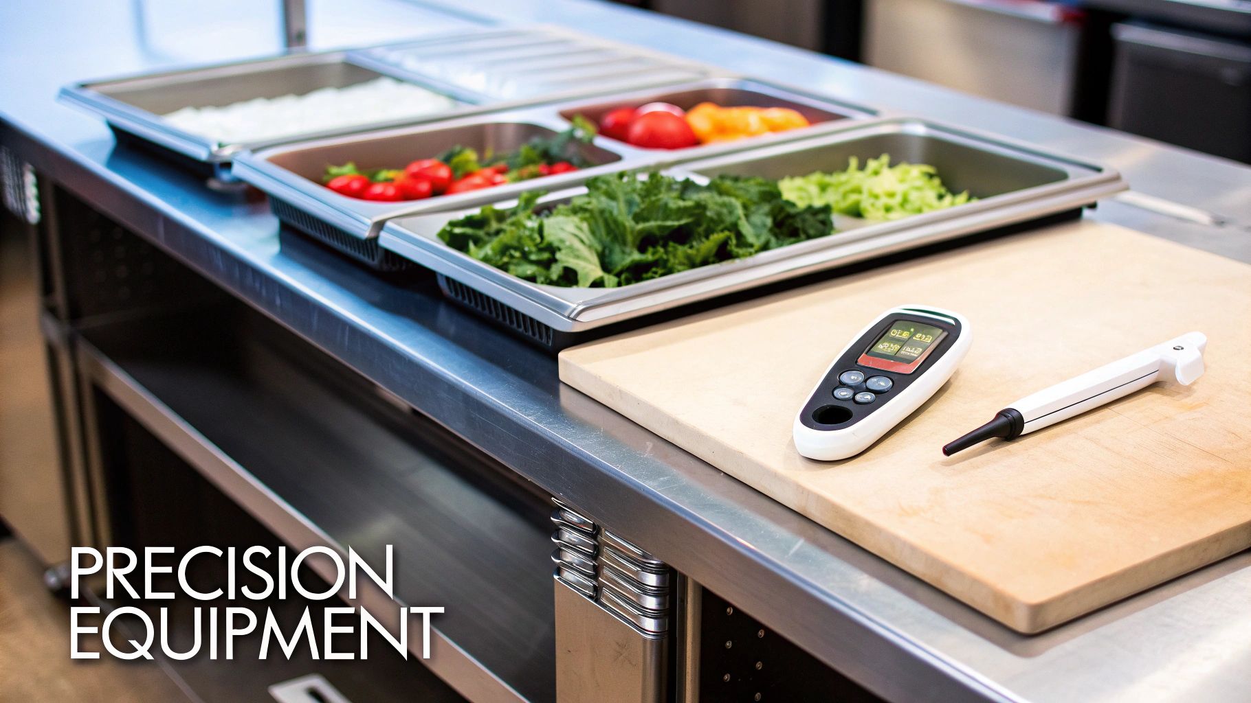 A chef preparing food on a stainless steel prep table