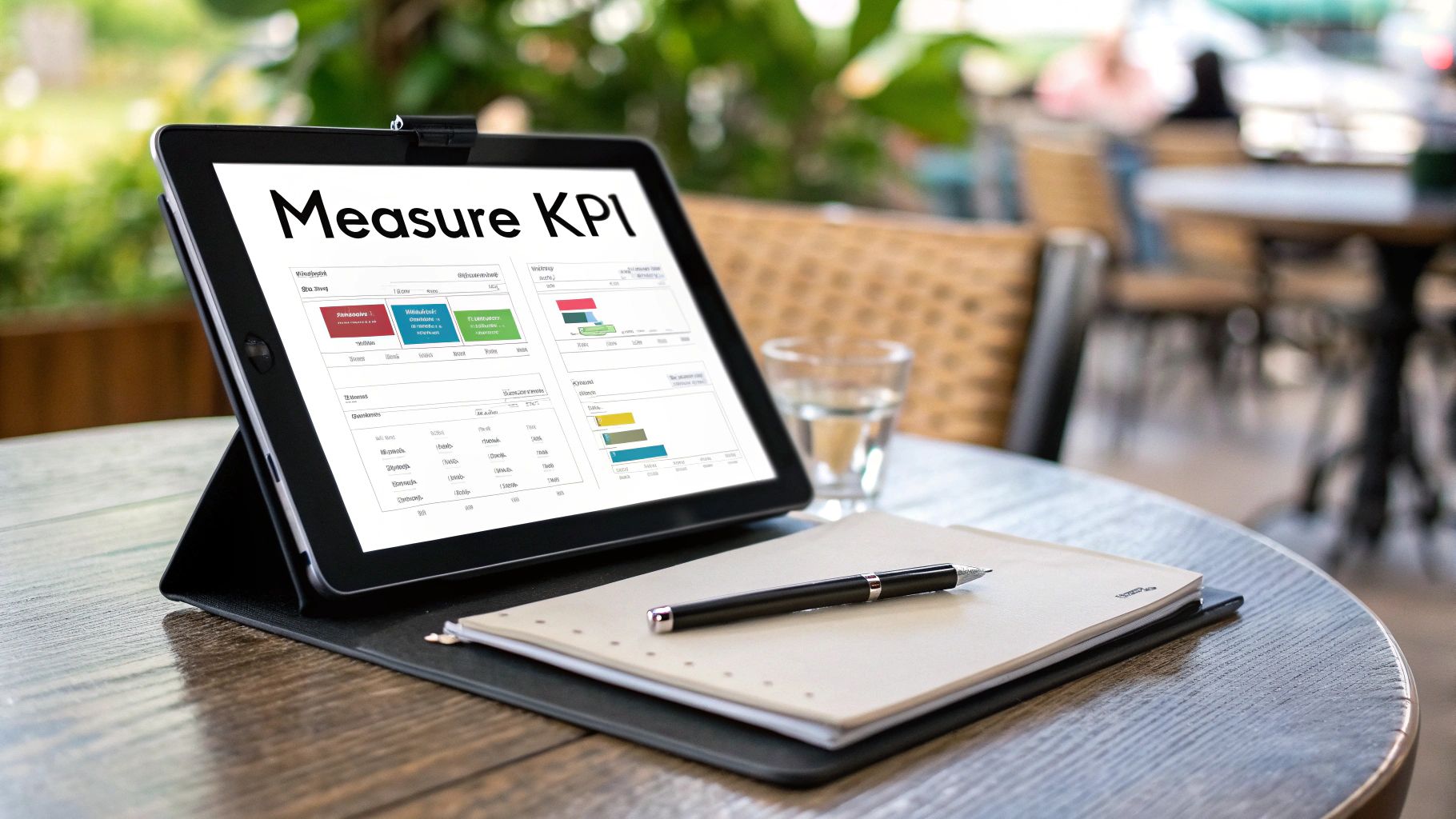 A tablet displaying 'Measure KPI' and a dashboard with metrics, alongside a notebook and pen on a wooden table.