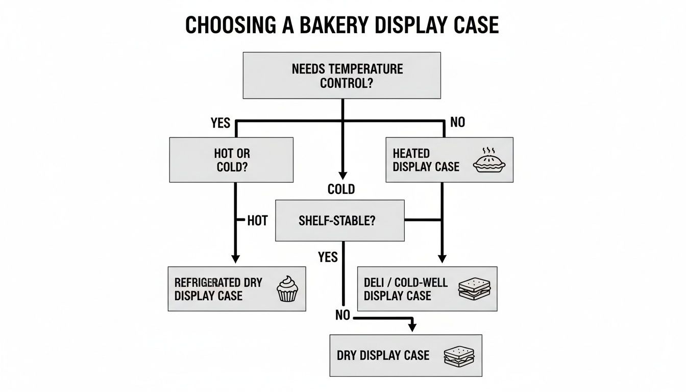 Flowchart for choosing a bakery display case based on temperature needs and food stability.