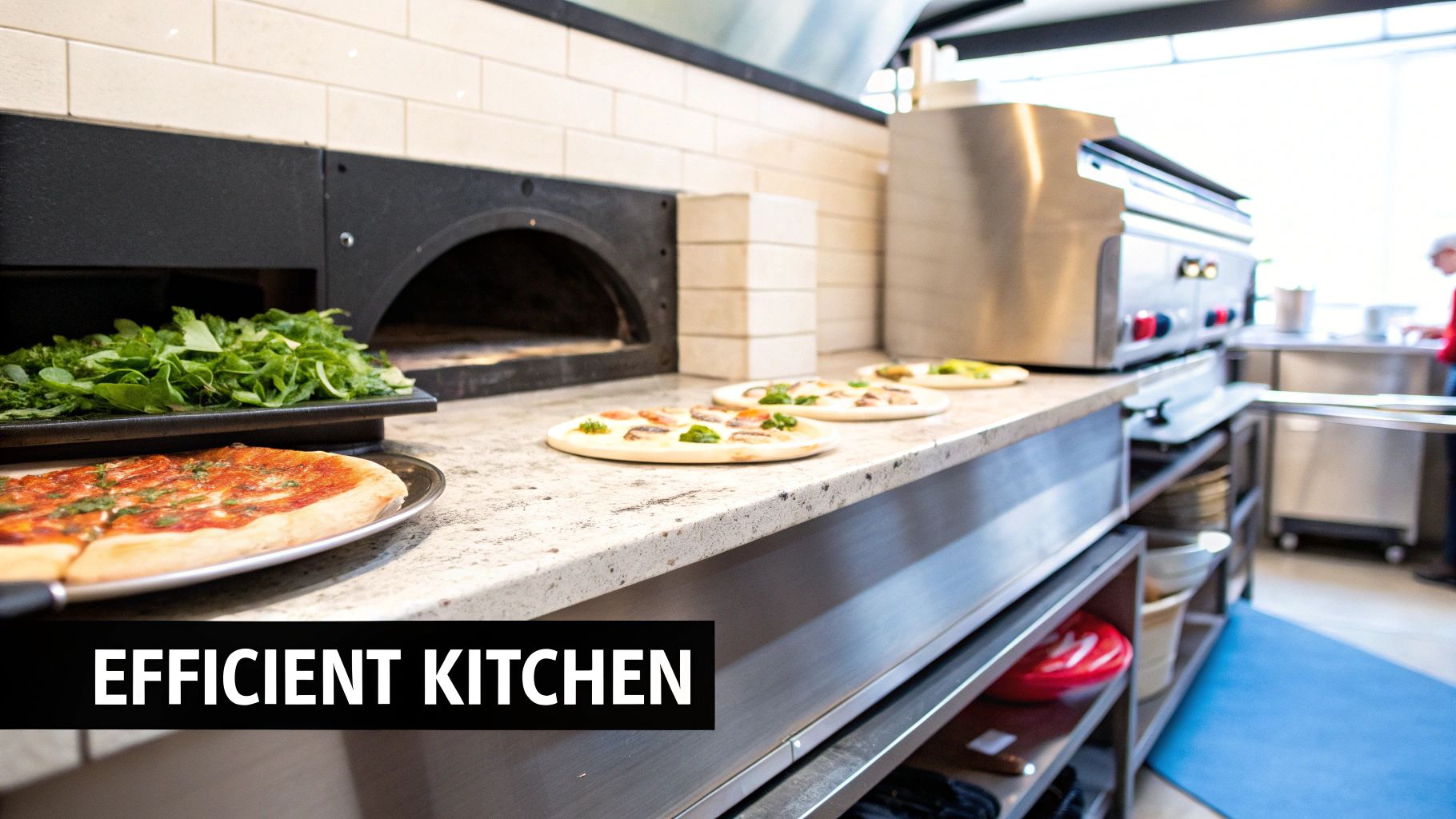 A professional pizzeria kitchen with stainless steel equipment and a pizza oven.